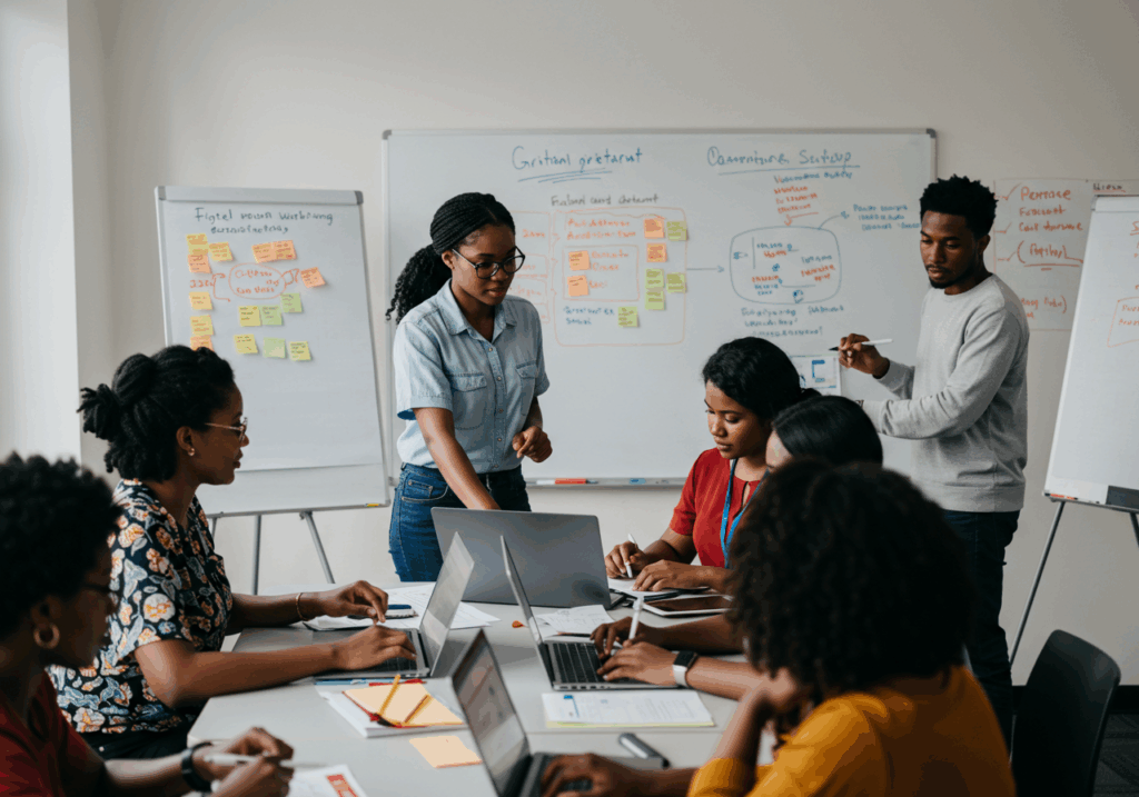 A co-creation workshop where EdTech trainers and school teachers are designing digital lesson plans together using laptops and whiteboards. 
