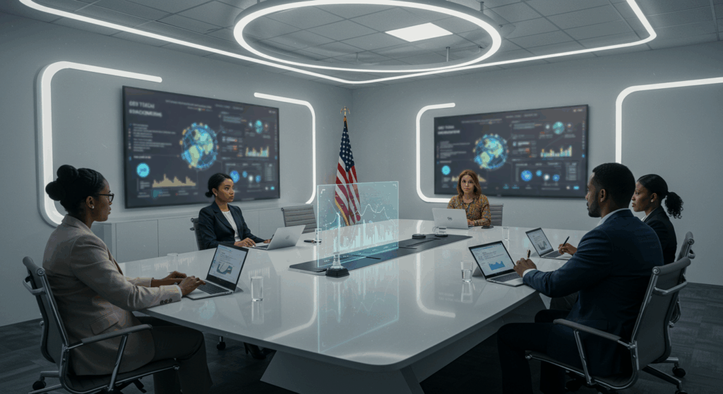 A boardroom meeting between EdTech companies executives and education ministry officials, with presentation screens showing digital learning platforms and contract proposals.