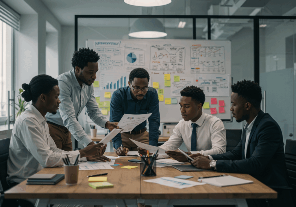 A procurement checklist pinned on a wall with sections for compliance, security, scalability, and cost efficiency, while a team reviews documents. 
