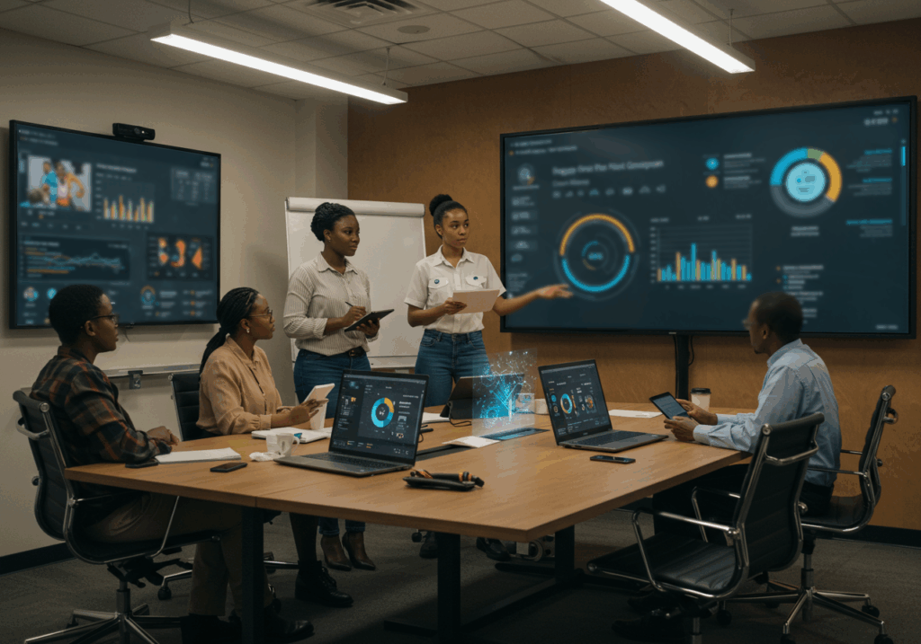 A scene of a small African EdTech start-up presenting its pilot program to university decision-makers, using data dashboards and student impact stats.

