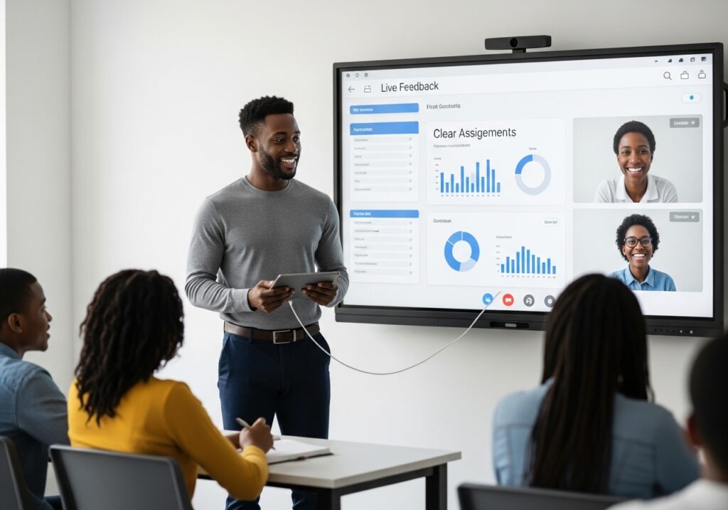 A confident educator teaching hybrid students using a tablet connected to a large smart screen showing live student feedback, assignments, and charts—symbolizing technology-driven teaching.