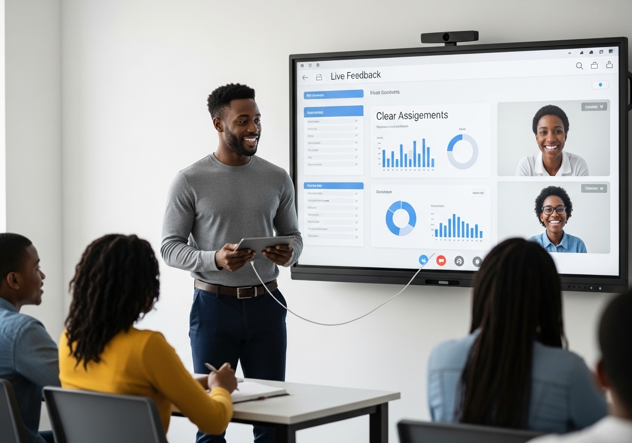 A confident educator teaching hybrid students using a tablet connected to a large smart screen showing live student feedback, assignments, and charts—symbolizing technology-driven teaching.
