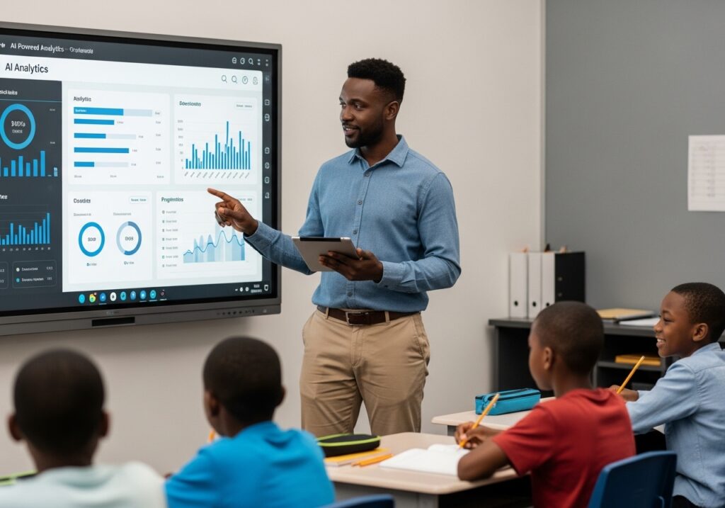 Faculty team discussing integration of new digital tools on a conference table, checklist visible on the screen—covering accessibility, security, and feedback. 