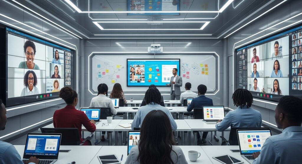 Modern university classroom split between physical students in desks and online students on large screens, interactive digital whiteboards, diverse international learners, bright futuristic environment, realistic hybrid learning style.
