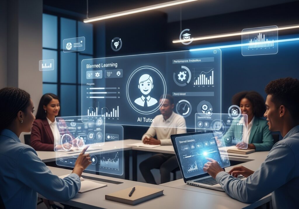 AI tutor assisting students via digital interface, showing blended learning dashboards and analytics, realistic digital interface. 