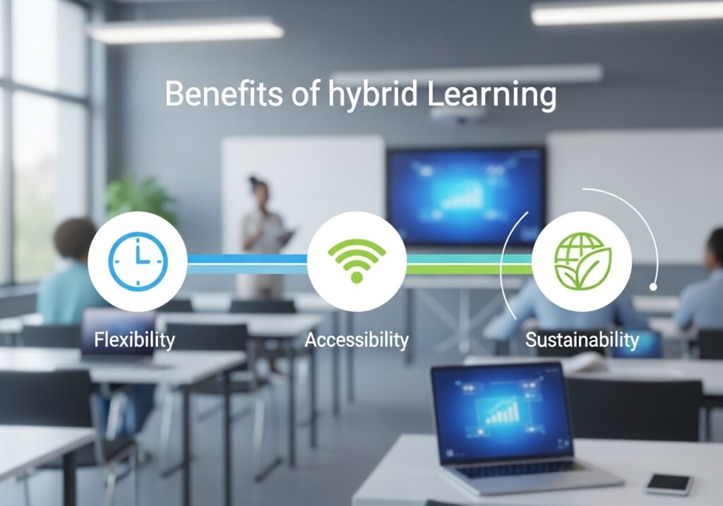 Infographic-style visualization of hybrid learning benefits: flexibility, accessibility, sustainability, modern classroom background. 
