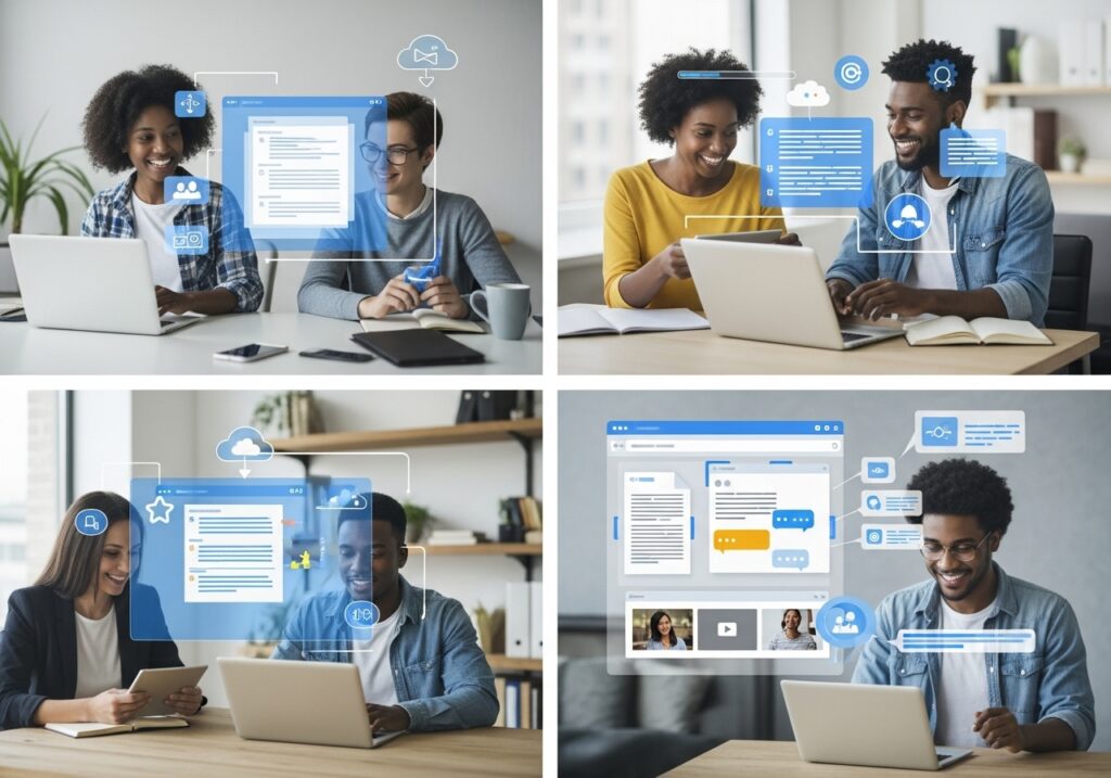 Students collaborating globally via shared virtual platforms, diverse backgrounds, cloud-based LMS interface visible, realistic illustration. 
