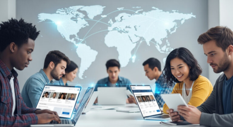 Students using laptops and tablets in a global digital classroom showing how universities can attract more international students through online programs.