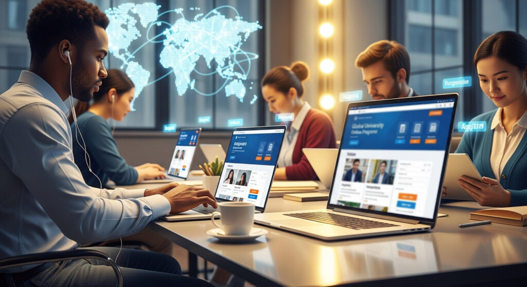 University applicants working online with program pages open, showing how universities can attract more international students through online programs.