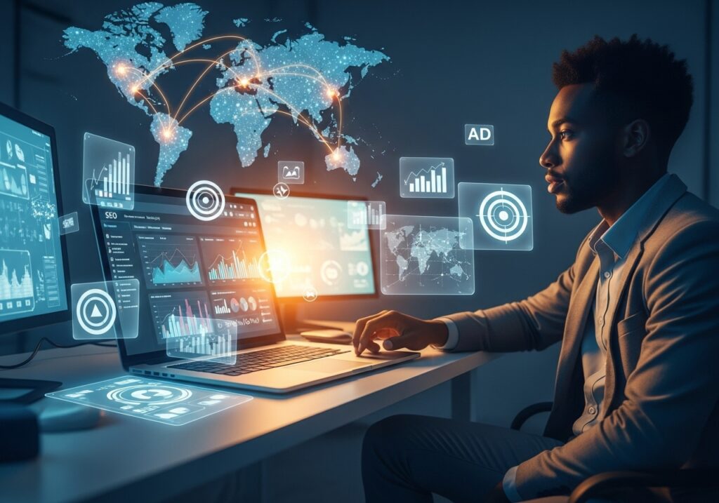 Digital dashboards with enrollment and global mobility charts showing how universities can attract more international students through online programs.
