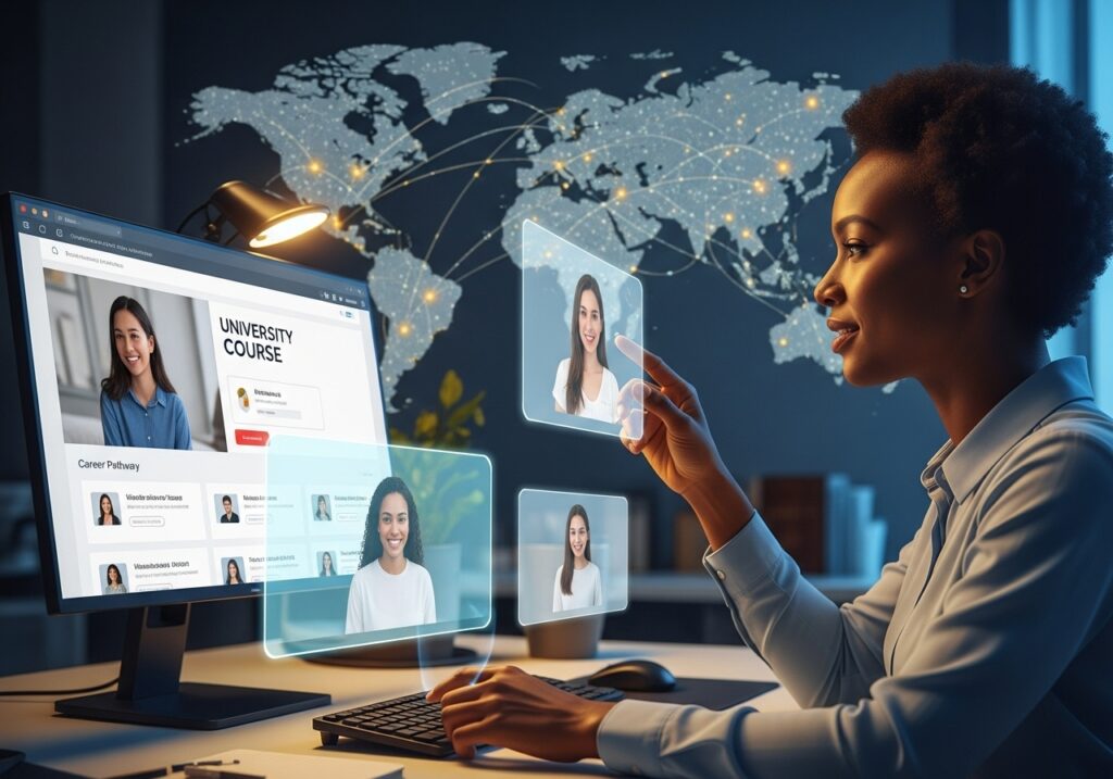 An online learner interacting with virtual course content, showing how universities can attract more international students through online programs.
