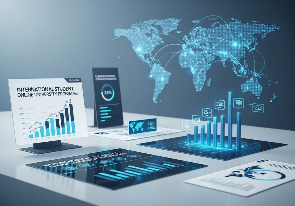 A professional analysing global student data on multiple screens, showing how universities can attract more international students through online programs.