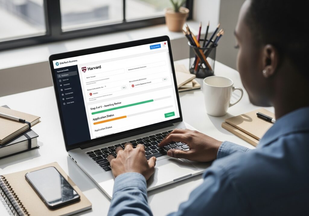 A student sitting at a desk using a laptop to track application progress on a digital portal, showing how online tools simplify global university admissions with clear status updates and organised steps.