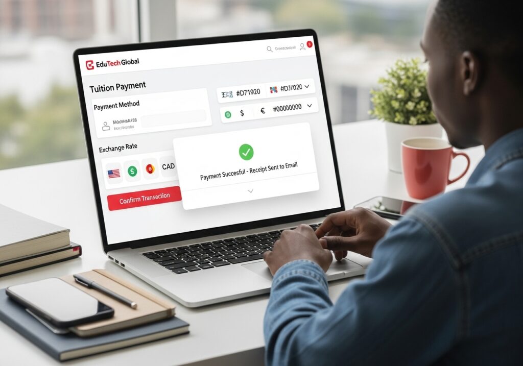 A student completing a cross-border tuition payment on a digital platform, showing seamless fee processing as part of a modern global university admissions experience.
