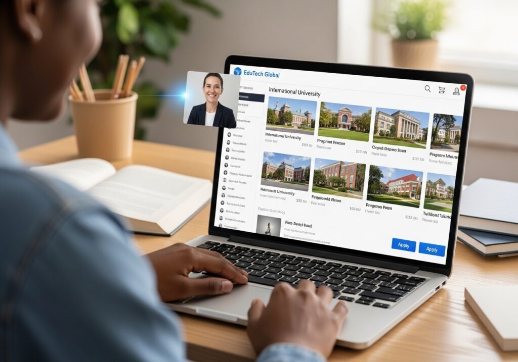 A student browsing multiple international universities on an online platform with integrated counselling support, highlighting how digital tools streamline global university admissions.
