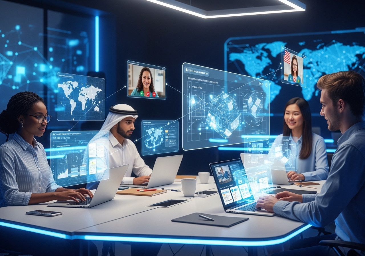 Team of global professionals working on laptops with digital screens showing virtual classrooms and maps for cross-border online education