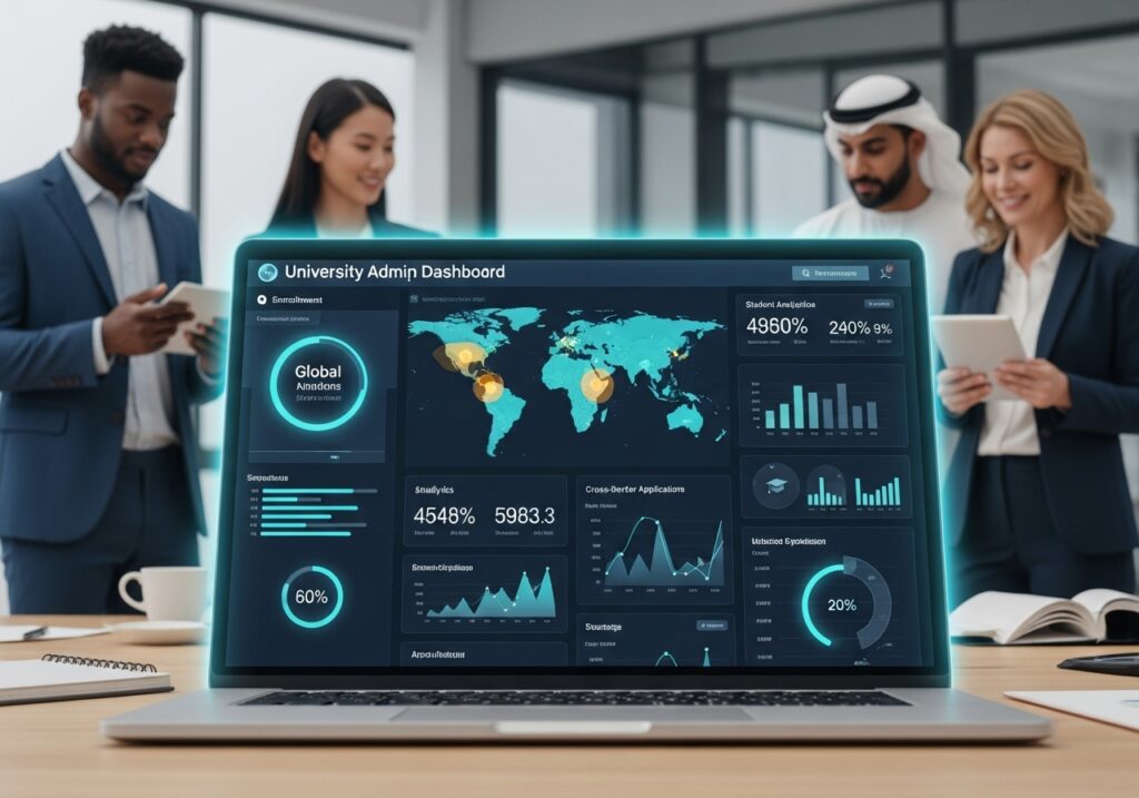 University admin dashboard on a laptop showing international enrollment data and analytics for cross-border online education
