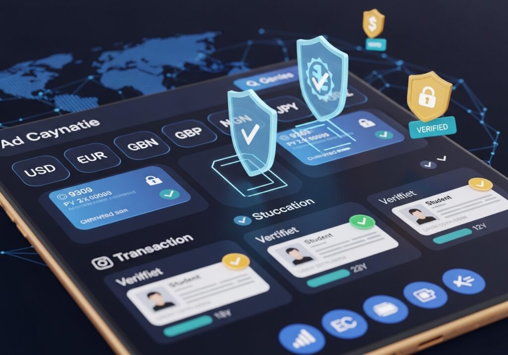 Digital verification system displaying secure student records and global payment options used in cross-border online education
