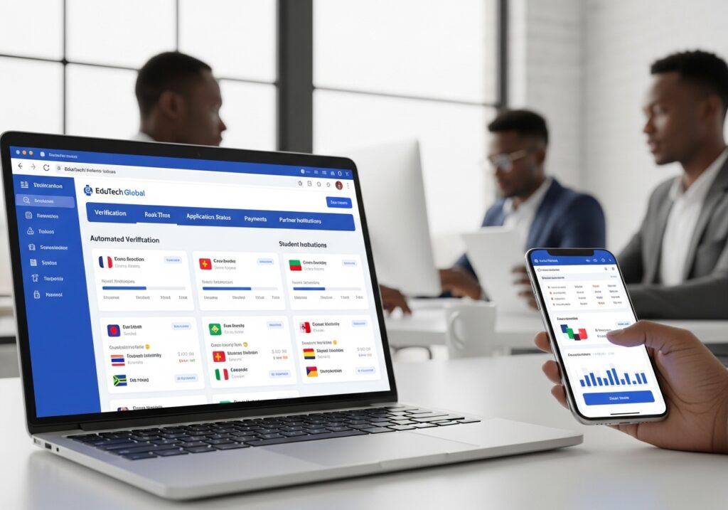 Laptop and mobile dashboard showing automated student verification tools for cross-border online education
