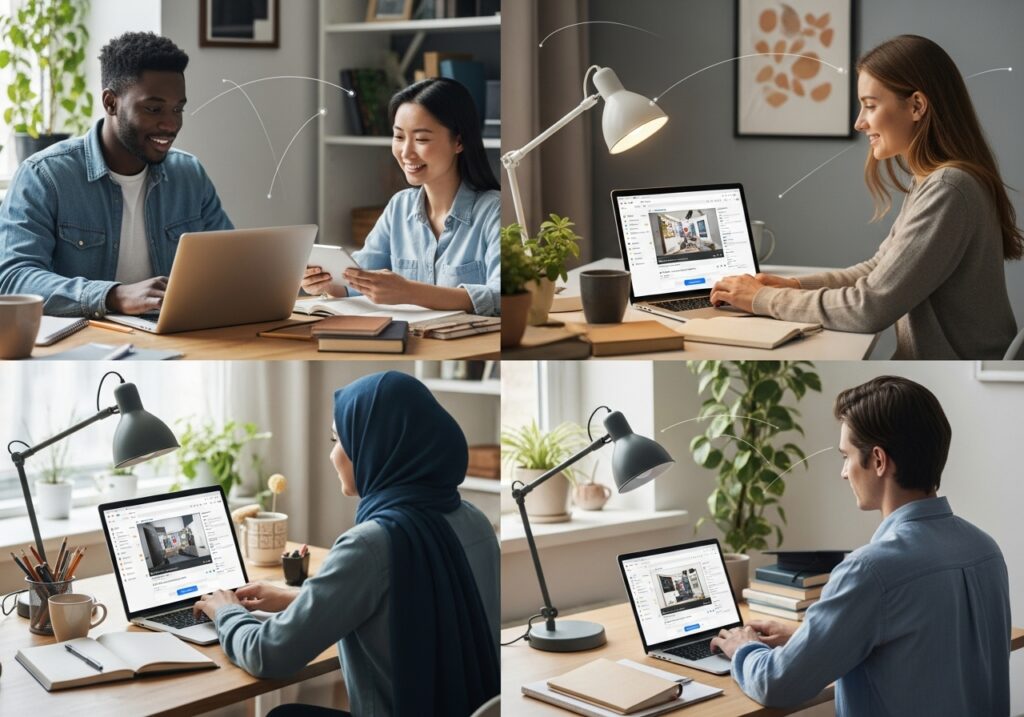 Students studying from different countries through virtual platforms connected for cross-border online education
