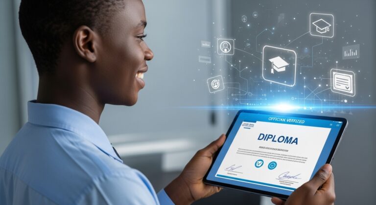 A student views a verified digital diploma on a tablet screen with visible security icons, certification details, and approval marks. The visual shows how digital credentials in education allow students to access and share academic proof instantly without relying on paper documents. It reflects trust, convenience, and real-time credential validation for online learning and degree programs.