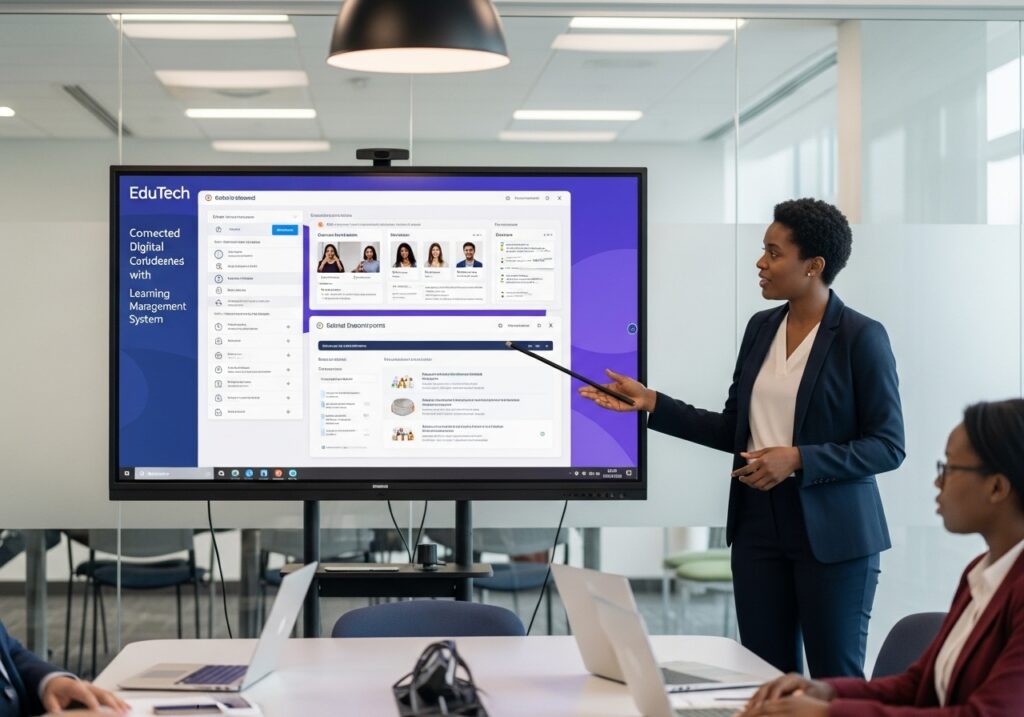 An educator presents a learning management system on a large smart screen while students follow along on laptops. The dashboard shows student data, course modules, and progress tracking. This image connects classroom technology with digital credentials in education by showing how institutions manage learning and issue secure online certifications.
