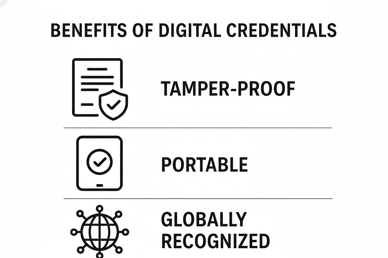 A clean infographic displays the main benefits of digital credentials with icons for tamper-proof security, mobile access, and global recognition. The design explains how digital credentials in education offer safe storage, easy sharing, and worldwide acceptance for students and institutions.