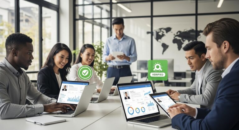 Global business team reviewing candidate profiles and performance data while verifying online degrees during a hiring meeting.