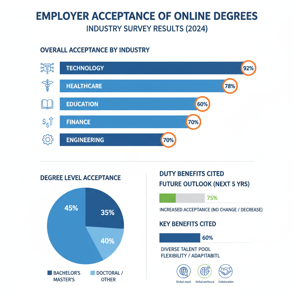 Industry survey infographic showing rising employer acceptance of online degrees across technology, healthcare, finance, education, and engineering.
