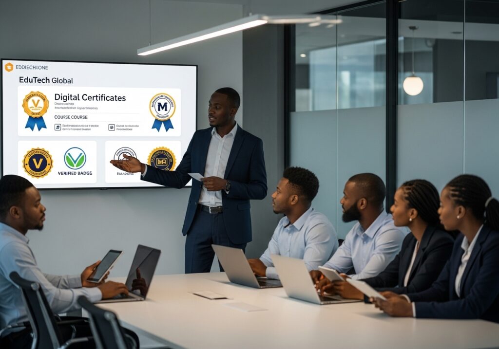 Corporate trainer explaining verified digital certificates and online degrees to professionals during a skills review session.
