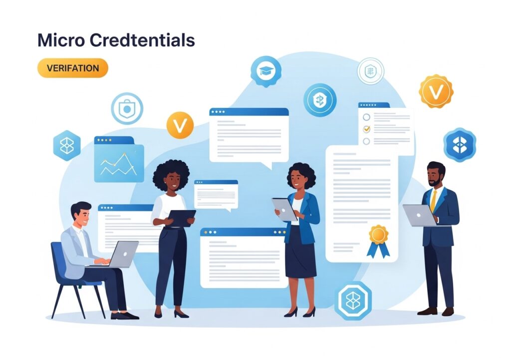 Professionals showcasing verified micro-credentials and online degrees through secure digital certification platforms.
