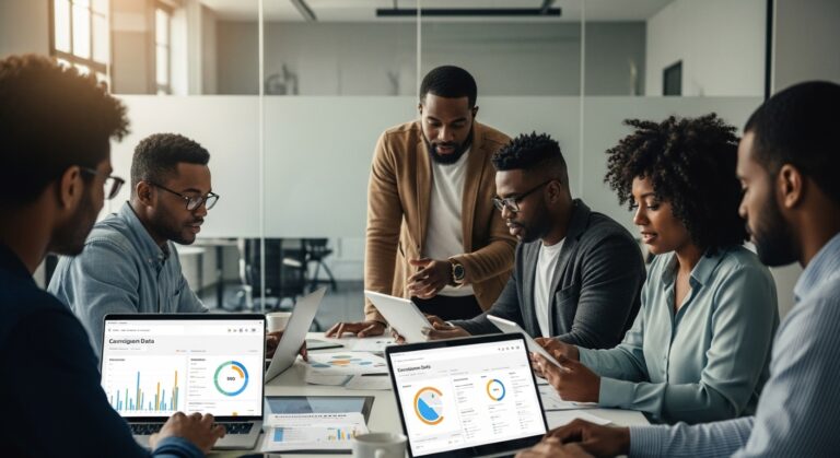 Higher education marketing strategies team reviewing student enrolment data during a planning meeting