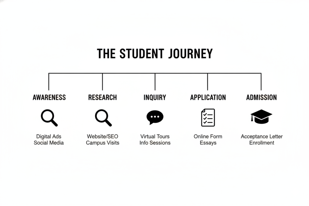 Student journey stages from awareness to admission for higher education marketing strategies
