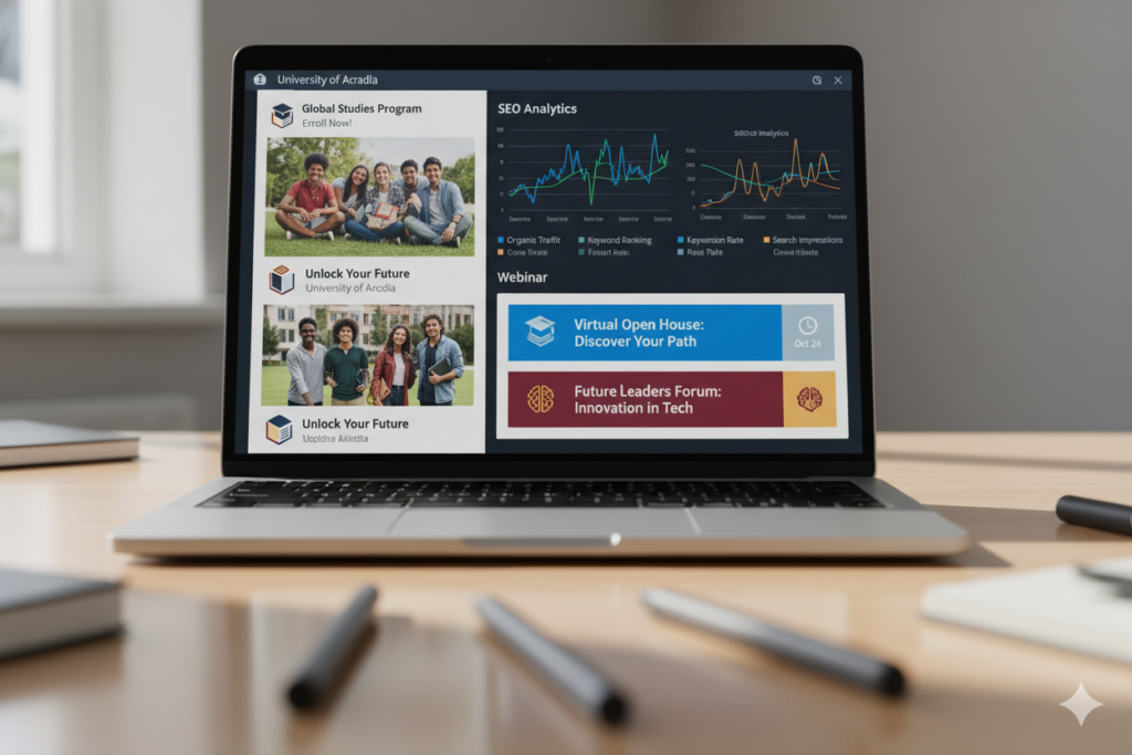 University website dashboard showing SEO analytics and webinar promotions for higher education marketing
