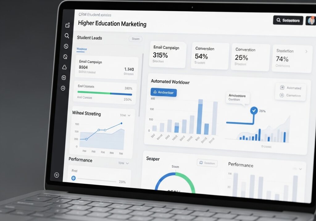 CRM dashboard displaying automated workflows and campaign performance for higher education marketing strategies
