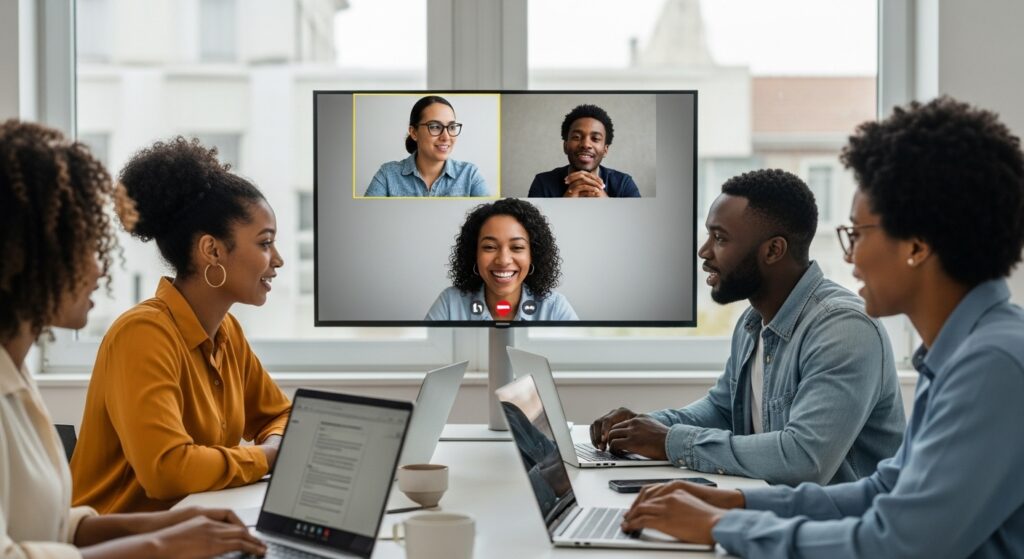 Team discussing marketing plans on a video call to boost student enrolment in higher education
