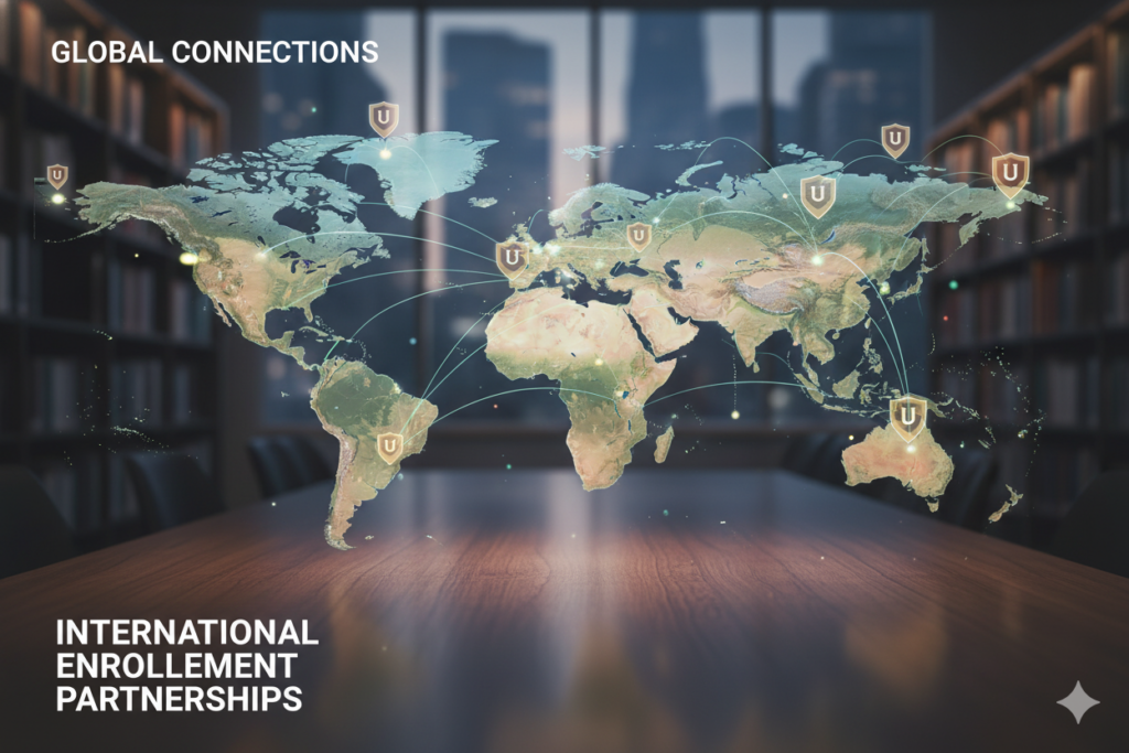 Global enrolment partnerships supporting international students through shared LMS platforms, online classrooms, and cross-border academic programs
