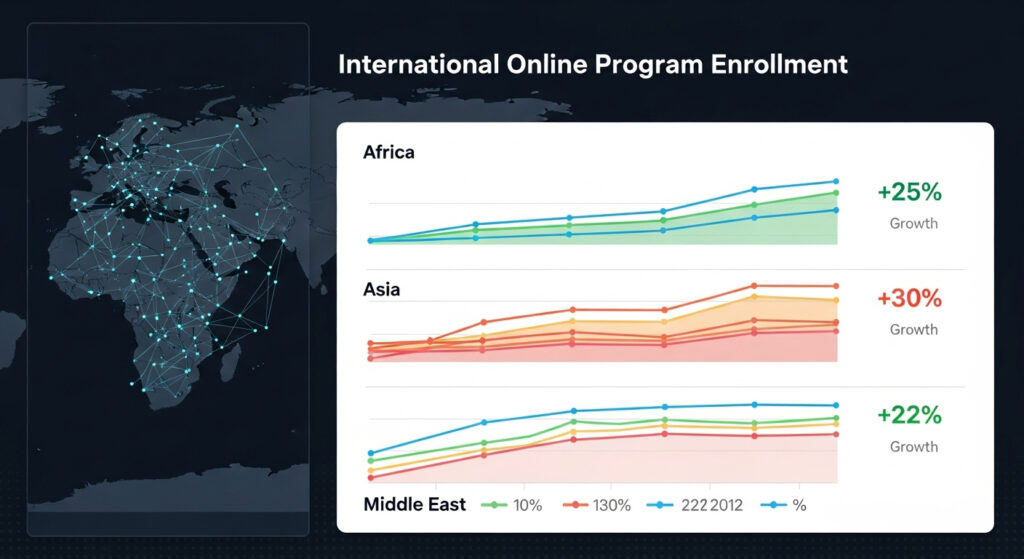 Chart showing growth trends in Africa, Asia, and the Middle East to illustrate rising international online program enrollment in 2025.
