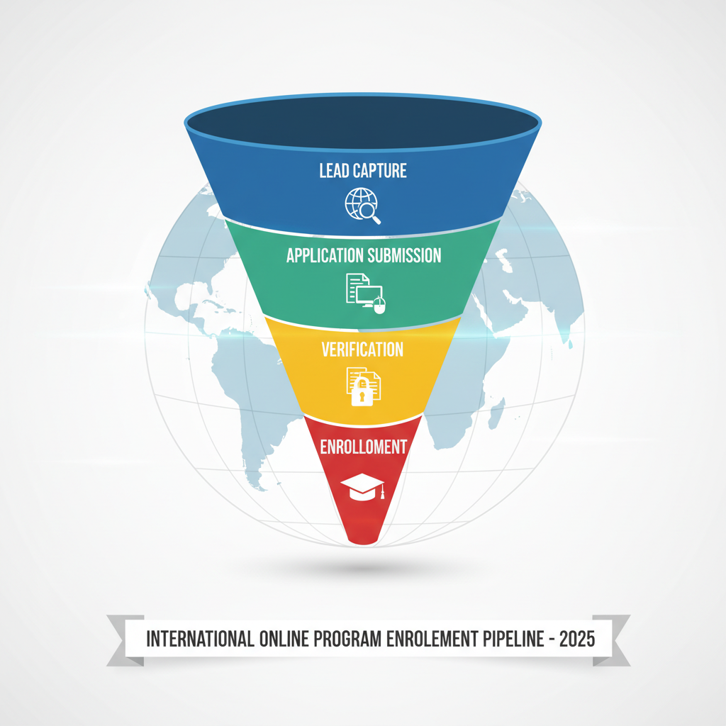 Funnel graphic showing lead capture, application submission, verification, and enrollment stages for tracking international online program enrollment.
