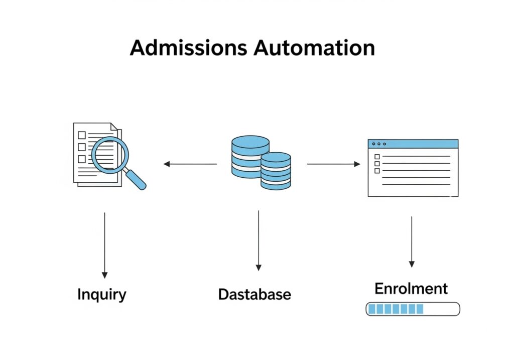 Admissions automation workflow used by edtech providers showing inquiry capture, database processing, and student enrollment tracking
