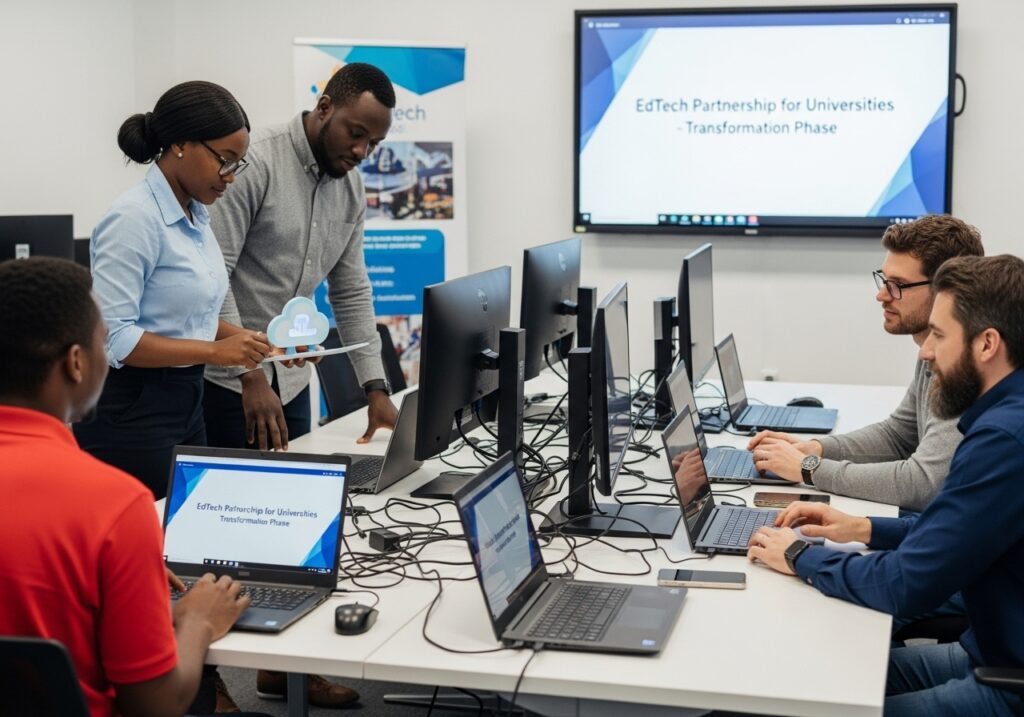 University staff working with edtech providers during LMS setup, system training, and digital transformation planning session
