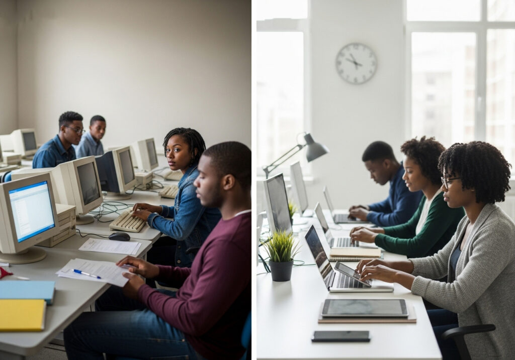 Comparison of traditional classroom systems and modern setups supported by edtech providers for scalable digital learning delivery
