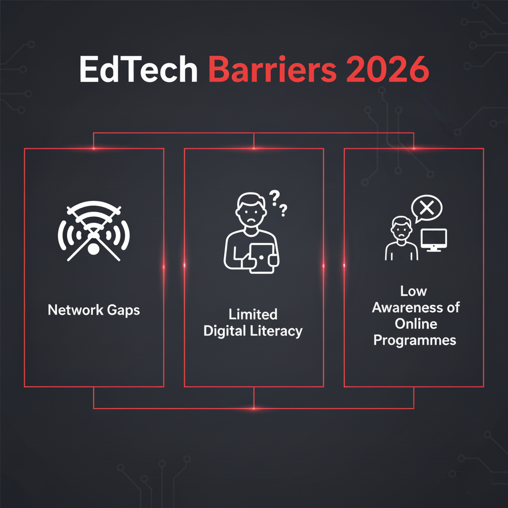 Blockchain technology in education 2026 showing key EdTech barriers such as network gaps, limited digital literacy, and low awareness of online education programmes.
