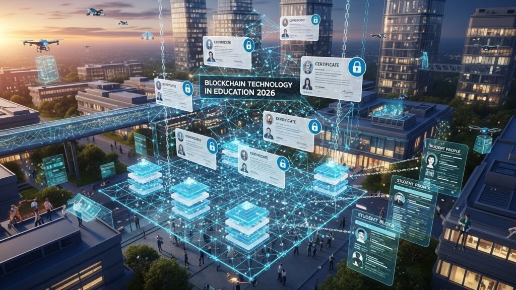 Blockchain technology in education 2026 showing a digital campus with secure student certificates, verified academic records, and blockchain nodes connecting institutions.