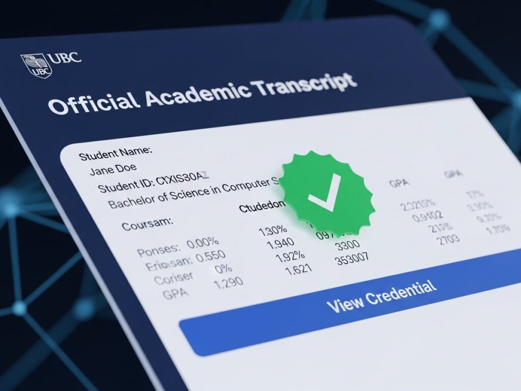 Blockchain technology in education 2026 visualizing a tamper-proof academic transcript with verified student credentials and instant digital verification.
