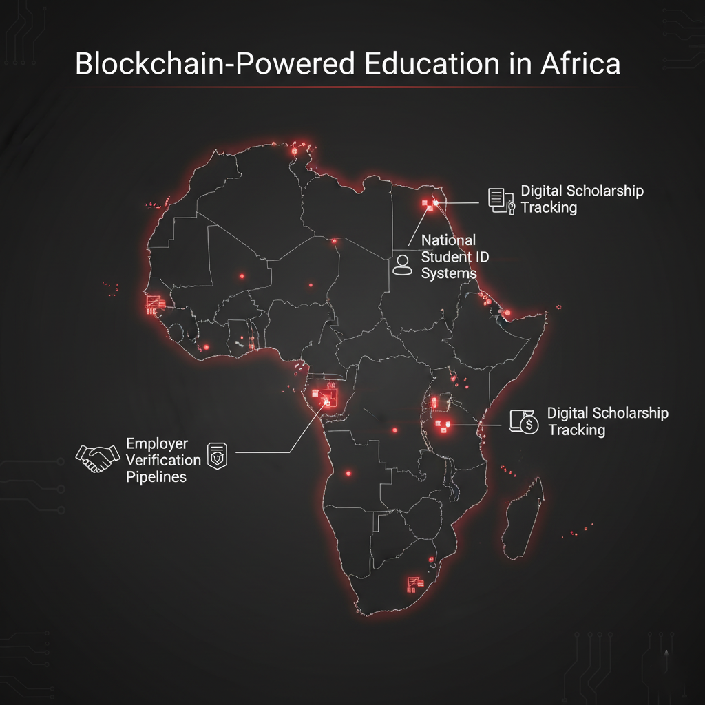 Blockchain technology in education 2026 illustrating Africa-wide adoption with national student ID systems, scholarship tracking, and employer verification pipelines.
