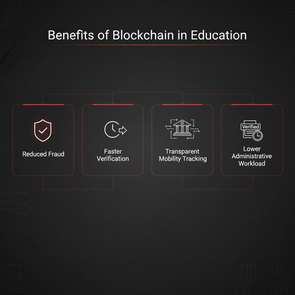 Blockchain technology in education 2026 highlighting reduced academic fraud, faster credential verification, transparent student mobility tracking, and lower admin workload.
