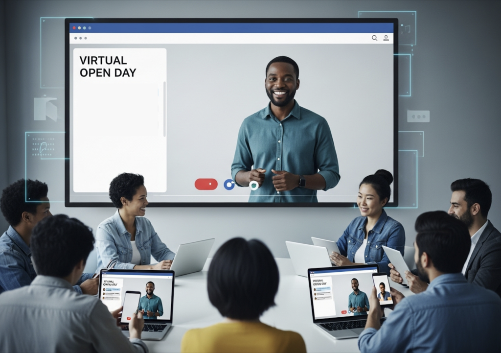 Students attending a virtual open day with a presenter on a large screen, showing how universities supported international online program enrollment in 2025.