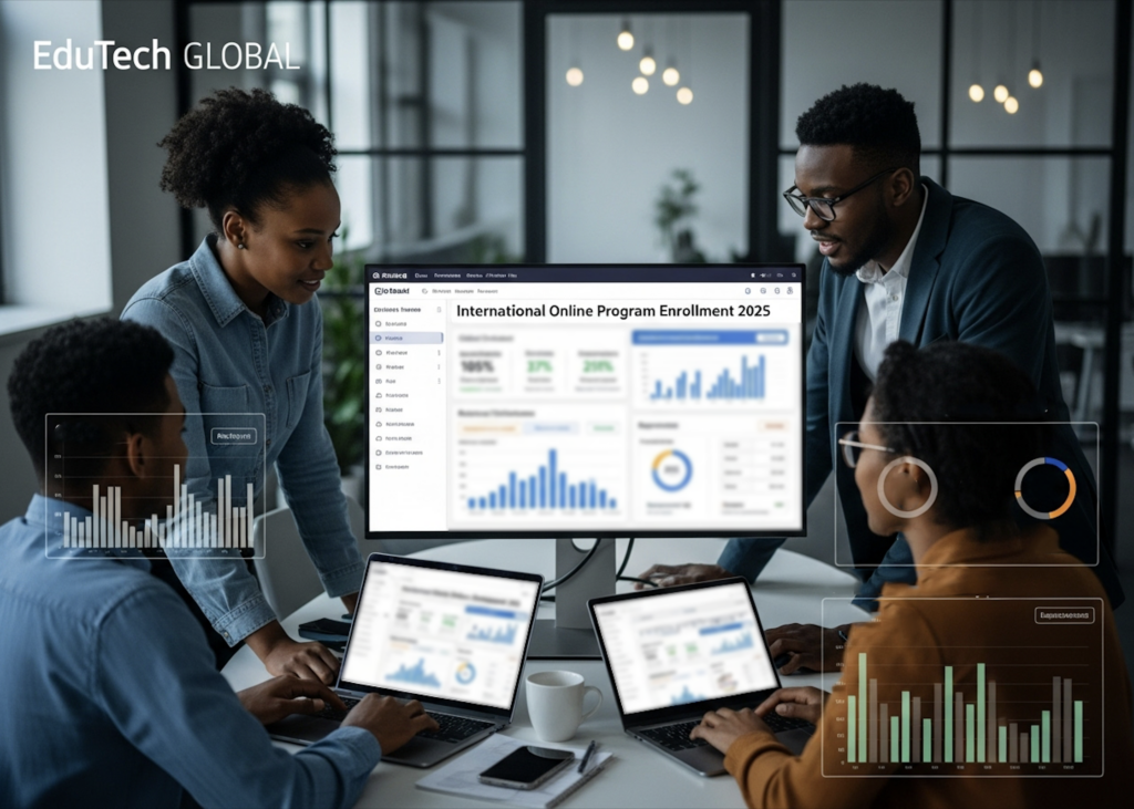 Team reviewing dashboards and analytics on laptops and a central display to track international online program enrollment in 2025.