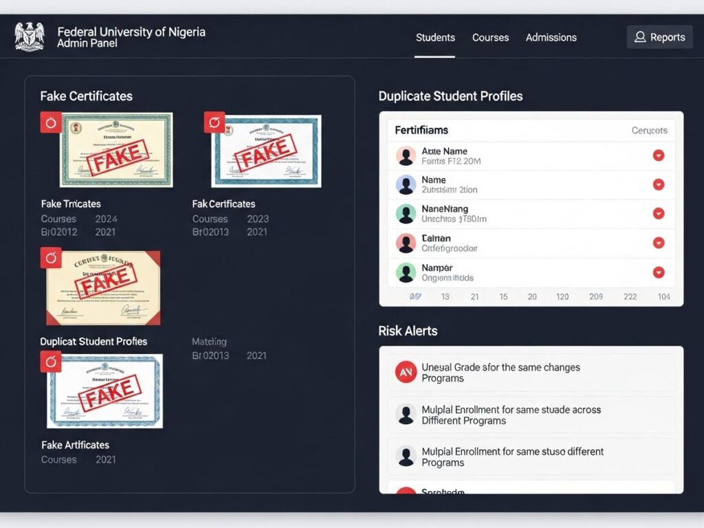 AI in university admissions identifying fake certificates, duplicate student profiles, and enrollment risks through smart verification
